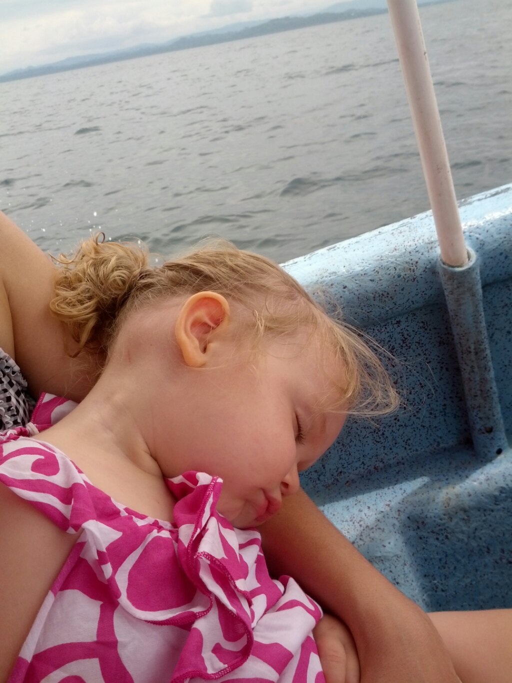 Frankie asleep on the boat